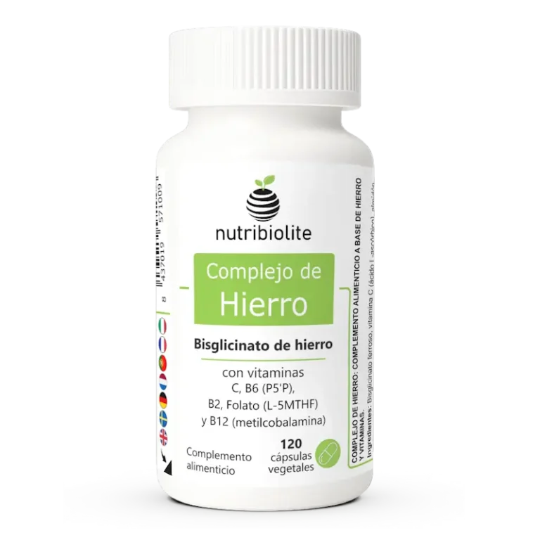 Complexo de Ferro: bisglicinato de ferro com vitaminas C, B6 (P5P), B2, folato (L-MTHF) e B12 (metilcobalamina). Para glóbulos vermelhos normais e para ajudar a reduzir o cansaço e a fadiga.
