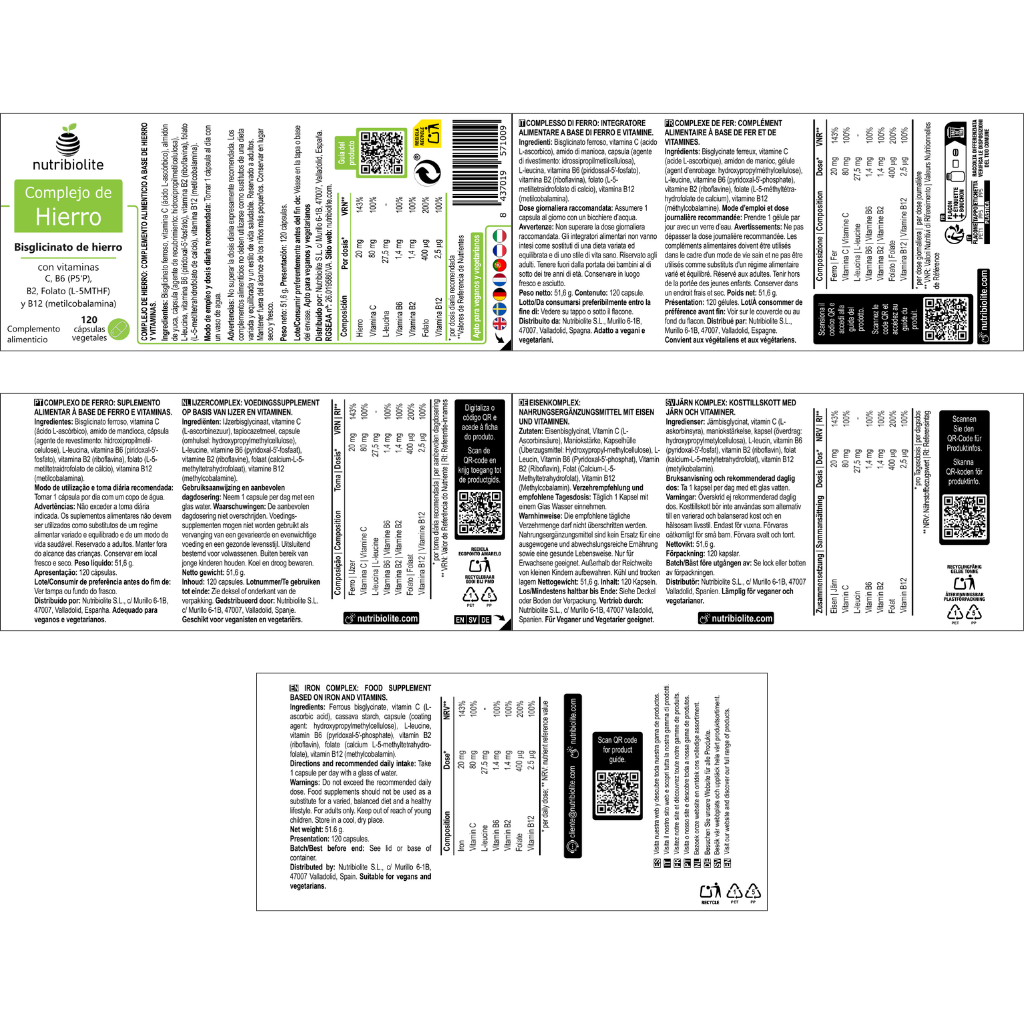 Complejo de Hierro: Bisglicinato de hierro con vitaminas C, B6 (P5P) B2, folato (l-MTHF) y B12 (metilcobalamina). Para glóbulos rojos normales y para ayudar a disminuir el cansancio y la fatiga.