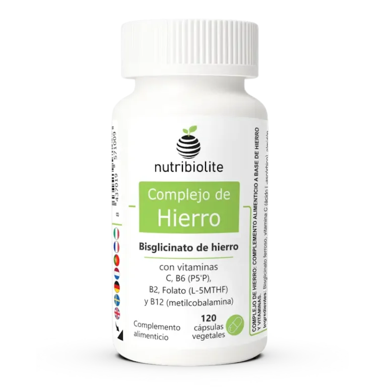 Complejo de Hierro: Bisglicinato de hierro con vitaminas C, B6 (P5P) B2, folato (l-MTHF) y B12 (metilcobalamina). Para glóbulos rojos normales y para ayudar a disminuir el cansancio y la fatiga.