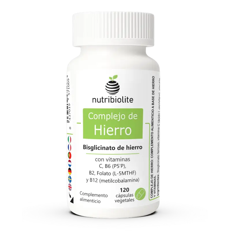 Complexo de Ferro: bisglicinato de ferro com vitaminas C, B6 (P5P), B2, folato (L-MTHF) e B12 (metilcobalamina). Para glóbulos vermelhos normais e para ajudar a reduzir o cansaço e a fadiga.