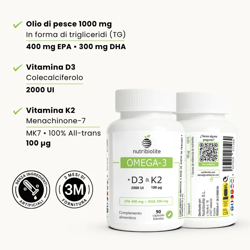 Due bottiglie di integratore Omega-3 con etichette che indicano EPA 400 mg, DHA 300 mg, olio di pesce 1000 mg, D3 2000 UI e K2 100 μg aggiunti.